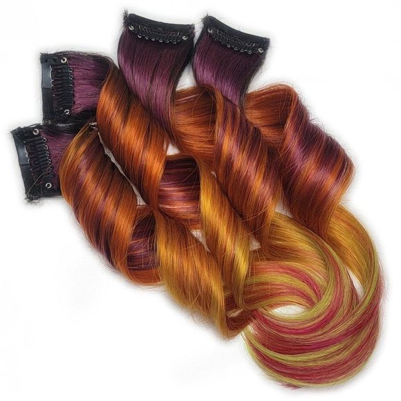 Firey Purple Orange Yellow Pink Double Drawn Clip in Remy Human Hair Extensions - Picture 1 of 4